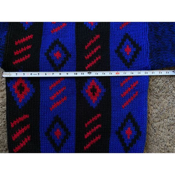 Vtg Visage Hand Knit Garment Men's‎ Chunky Ski Sweater Blue Geometric 80s - Picture 6 of 9